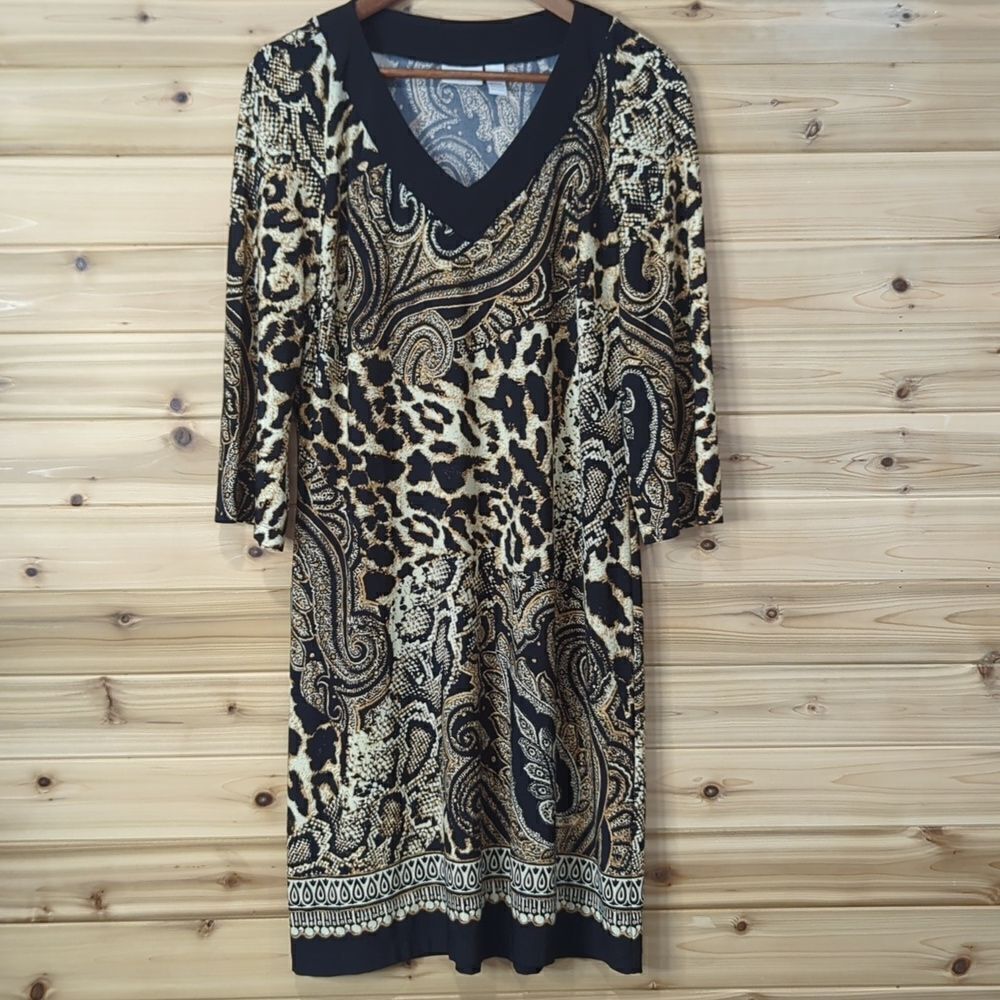 Chico's Dress Womens Medium Animal Print Knee Length Tan and Black